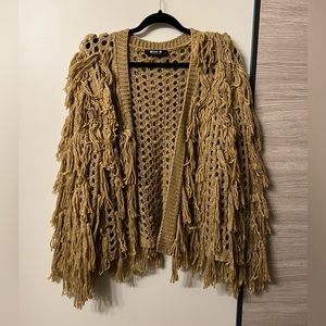 Camel, crochet fringe cardigan